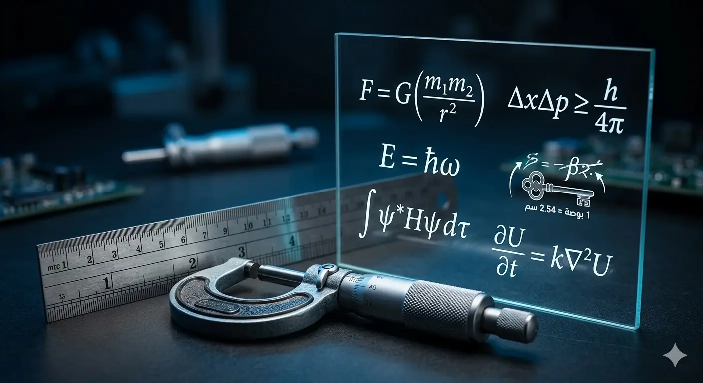 الدقة هي مفتاح النجاح في الهندسة صورة احترافية لأدوات قياس هندسية مع معادلات فيزيائية في خلفية تقنية