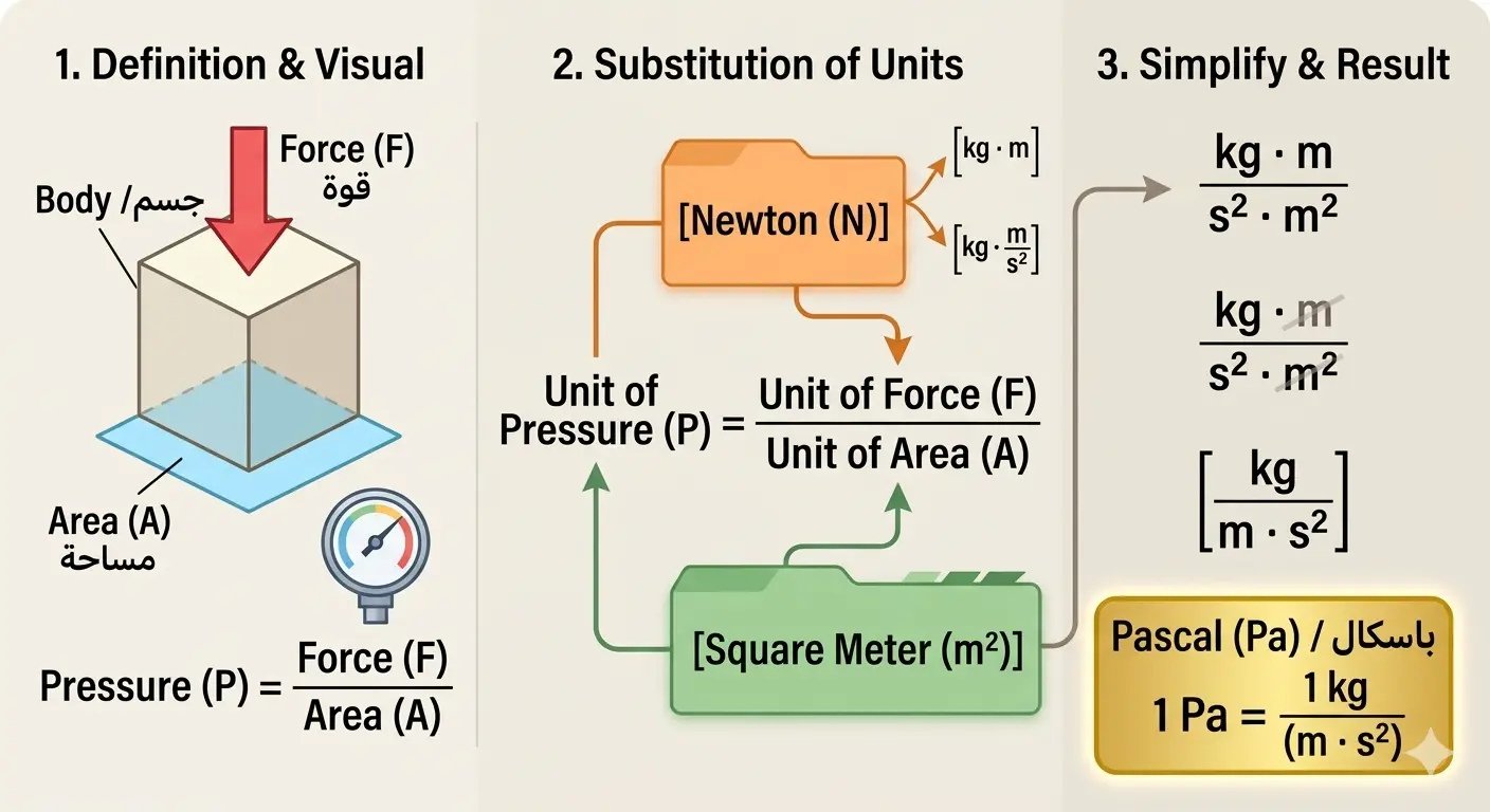 مخطط بياني تعليمي يشرح كيفية اشتقاق وحدة قياس الضغط (الباسكال) من وحدات النظام الدولي
