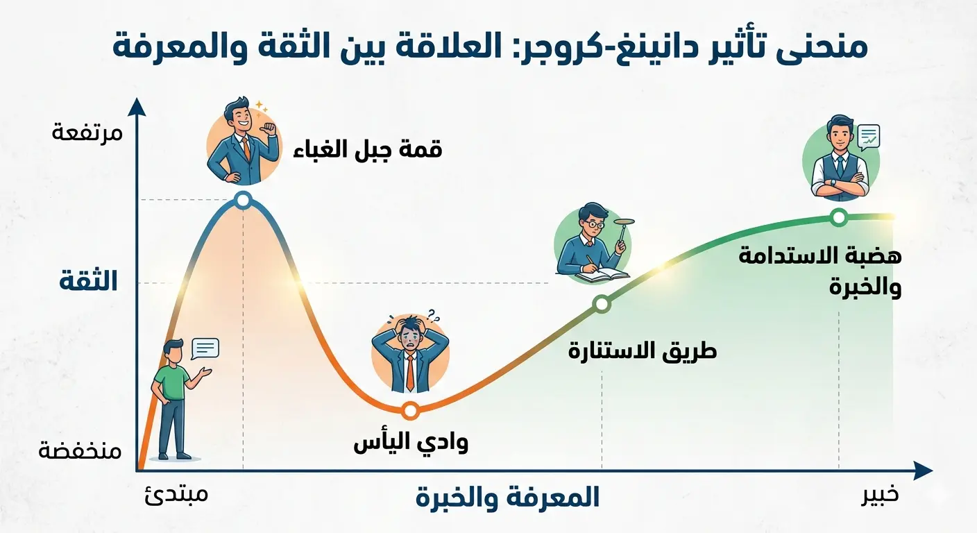 رسم بياني يوضح منحنى تأثير دانينغ-كروجر: العلاقة بين الثقة والمعرفة، حيث تظهر قمة 'جبل الغباء' لدى المبتدئين