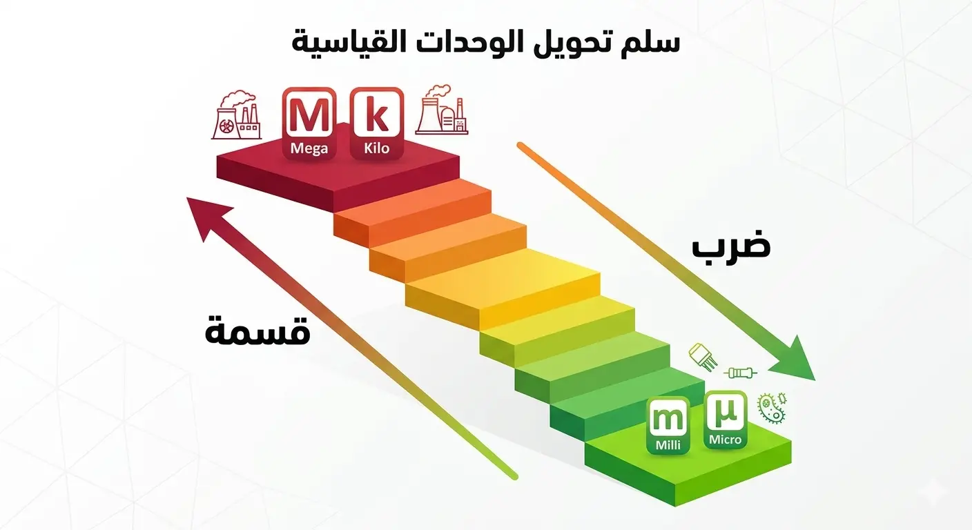 سهولة التنقل بين الأبعاد المختلفة في النظام الدولي [مخطط سلم البادئات العلمية يوضح التحويل بين مضاعفات وأجزاء الوحدات