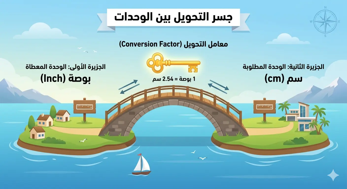 [رسم توضيحي لمفهوم معامل التحويل كجسر يربط بين وحدات القياس المختلفة].