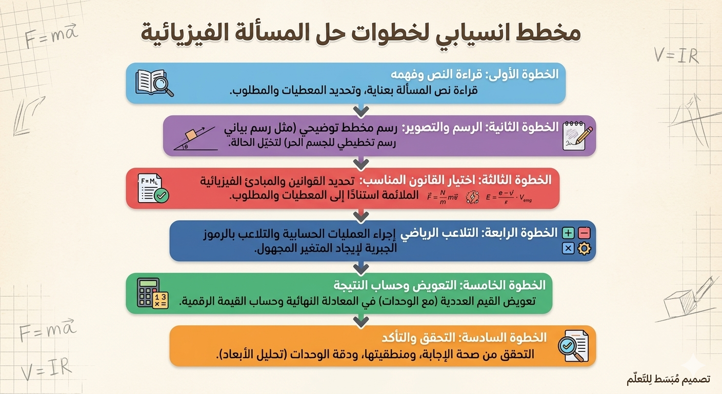 خطوات حل مسائل الفيزياء مخطط انسيابي يوضح خطوات حل المسألة الفيزيائية