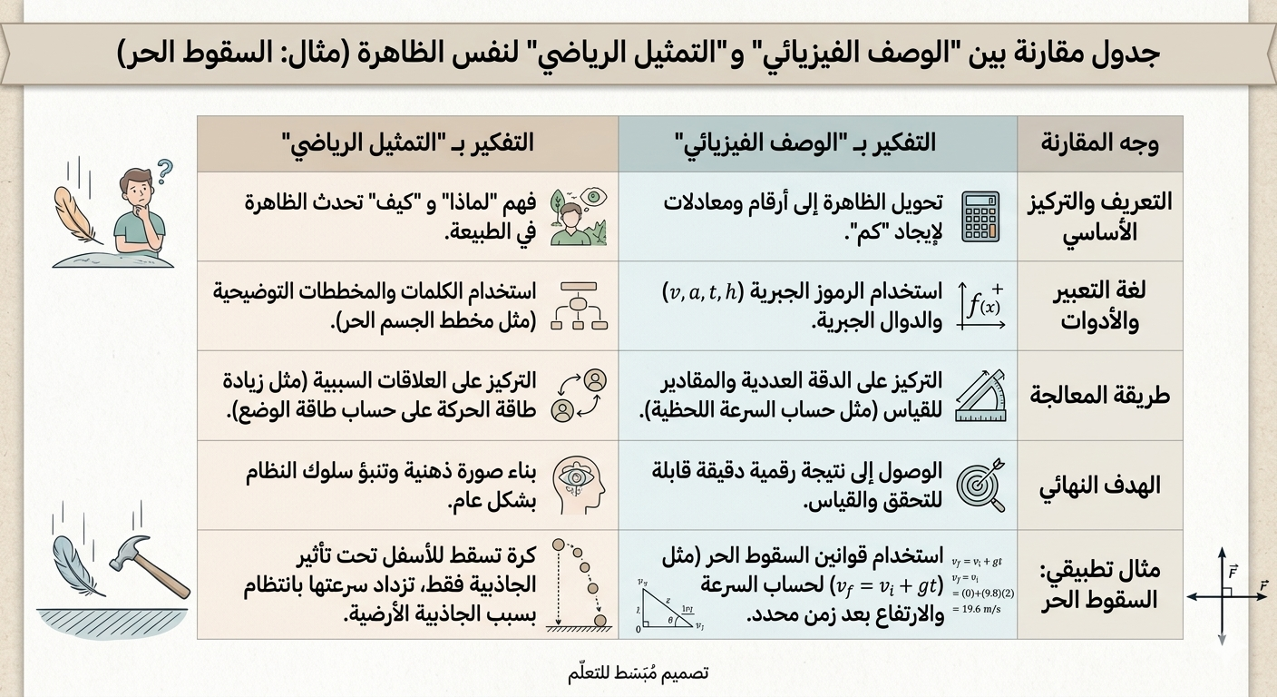 جدول يقارن بين التفكير 'الوصف الفيزيائي' و 'التمثيل الرياضي' جدول يقارن بين التفكير 'الوصف الفيزيائي' و 'التمثيل الرياضي'