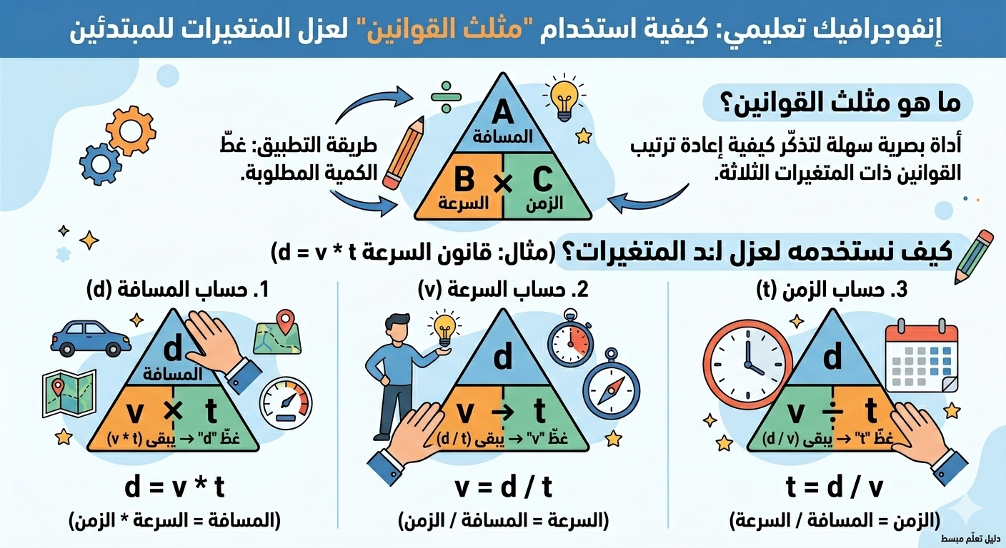 رسم توضيحي لـ مثلث القوانين رسم توضيحي لـ 'مثلث القوانين' وكيفية استخدامه لعزل المتغيرات للمبتدئين