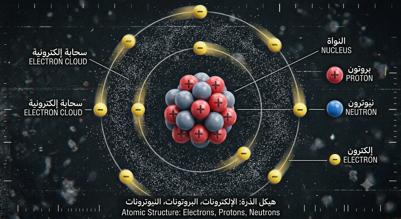 atomic structure مخطط توضيحي ثلاثي الأبعاد يظهر هيكل الذرة ومكوناتها من نيوترونات وبروتونات وإلكترونات مع سحابة إلكترونية.