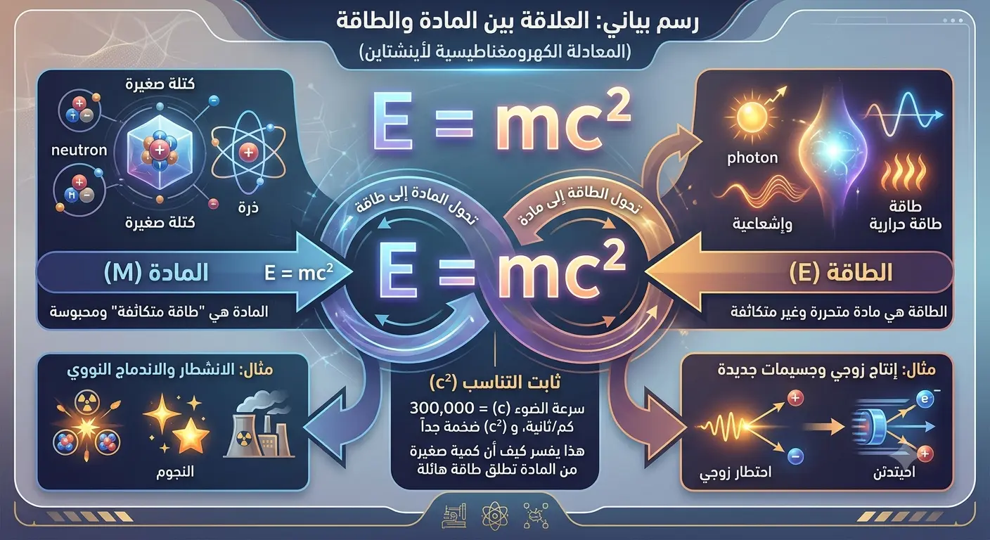 mattar & energy رسم بياني باللغة العربية يشرح تكافؤ المادة والطاقة وفق معادلة أينشتاين E=mc² يوضح العلاقة بين الذرات والانشطار والاندماج النووي وبين الإشعاع والفوتونات.