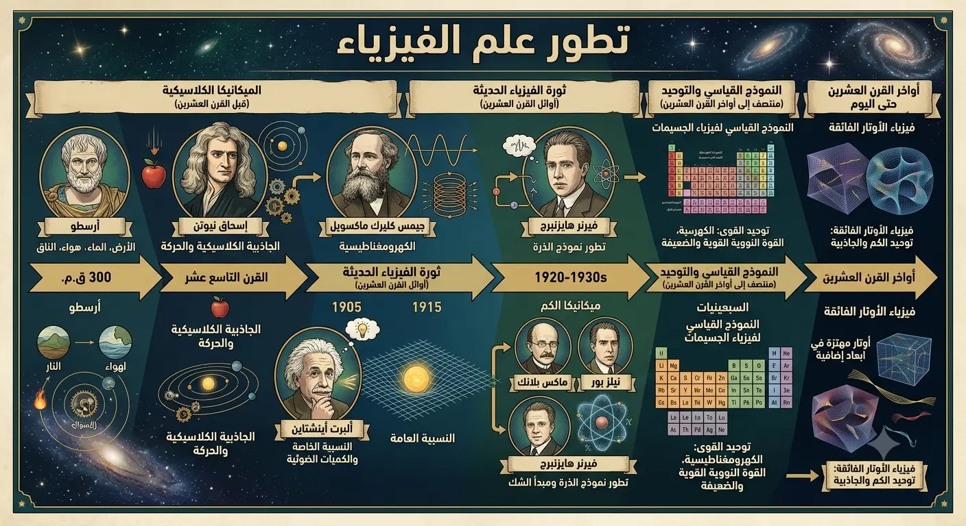 timeline for physics development انفوجرافيك الخريطة الزمنية لتطور علم الفيزياء من أرسطو إلى فيزياء الأوتار الفائقة