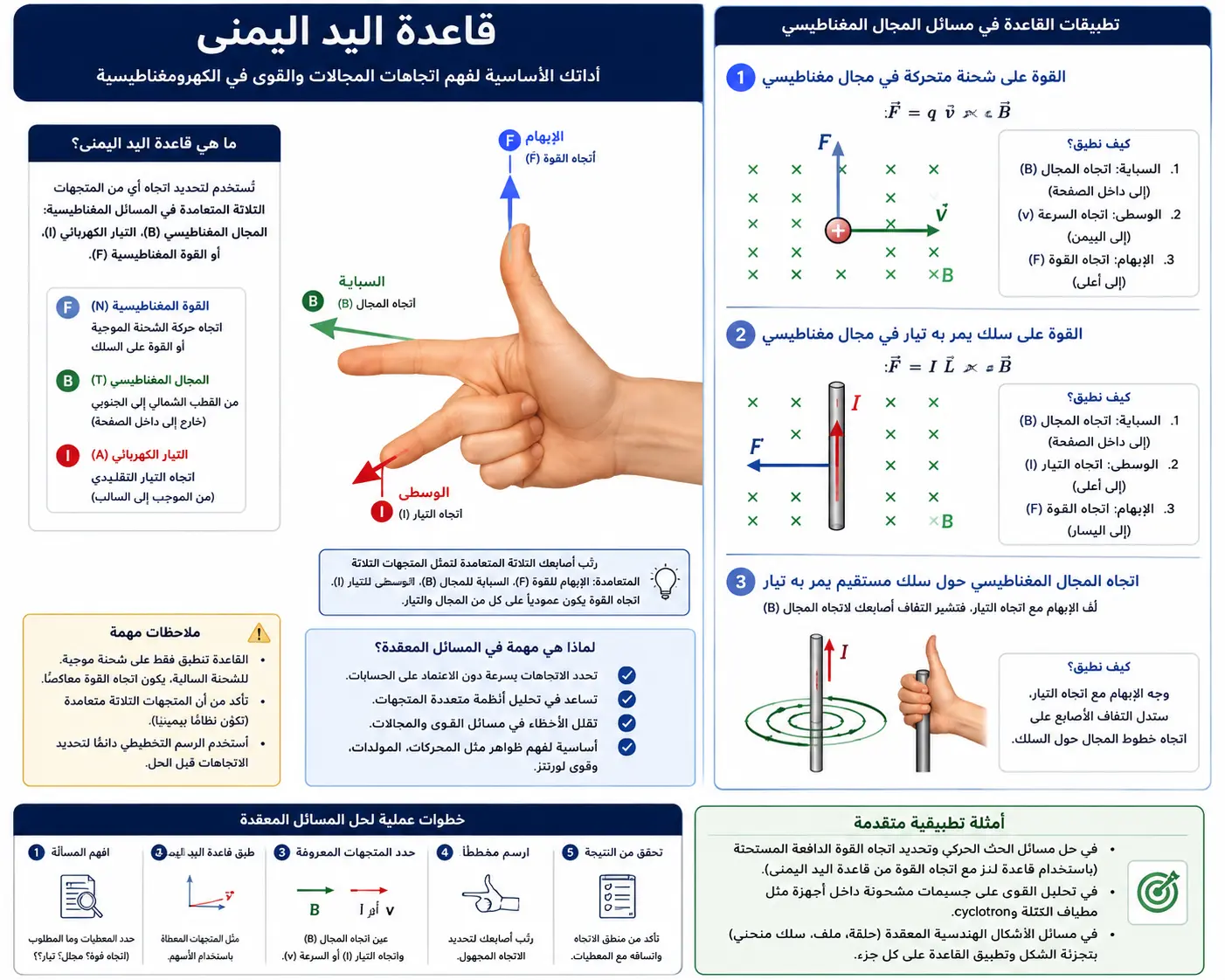 قاعدة اليد اليمنى قد تكون انت قصة النجاح التالية إنفوجرافيك تعليمي باللغة العربية يشرح قاعدة اليد اليمنى وتطبيقاتها في مسائل المجال المغناطيسي والقوة المغناطيسية، مع رسوم توضيحية لاتجاهات المجال والتيار والقوة.