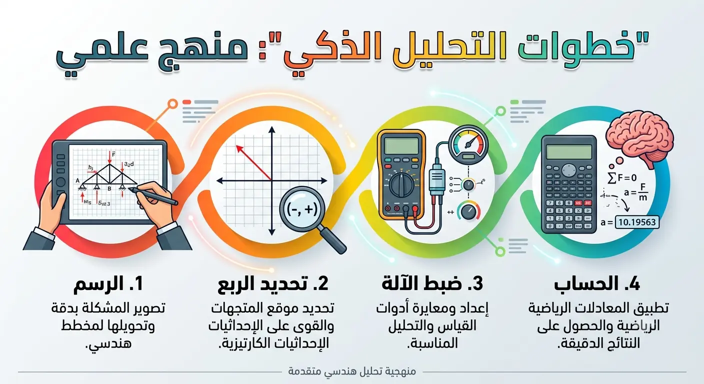 انفوجرافيك يوضح "خطوات التحليل الذكي: منهج علمي"، مقسّم إلى أربع مراحل ملونة ومتصلة ببعضها البعض بخطوط وبيانات، كل مرحلة تتضمن رمزاً، عنواناً، وشرحاً موجزاً باللغة العربية.