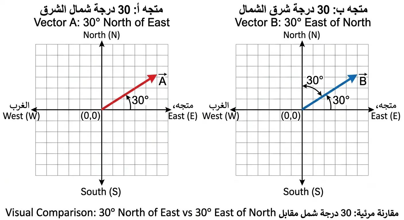 مقارنة مرئية بين متجهين: الأول يمثل "30 درجة شمال الشرق" (Vector A) والآخر يمثل "30 درجة شرق الشمال" (Vector B) على شبكة إحداثيات.